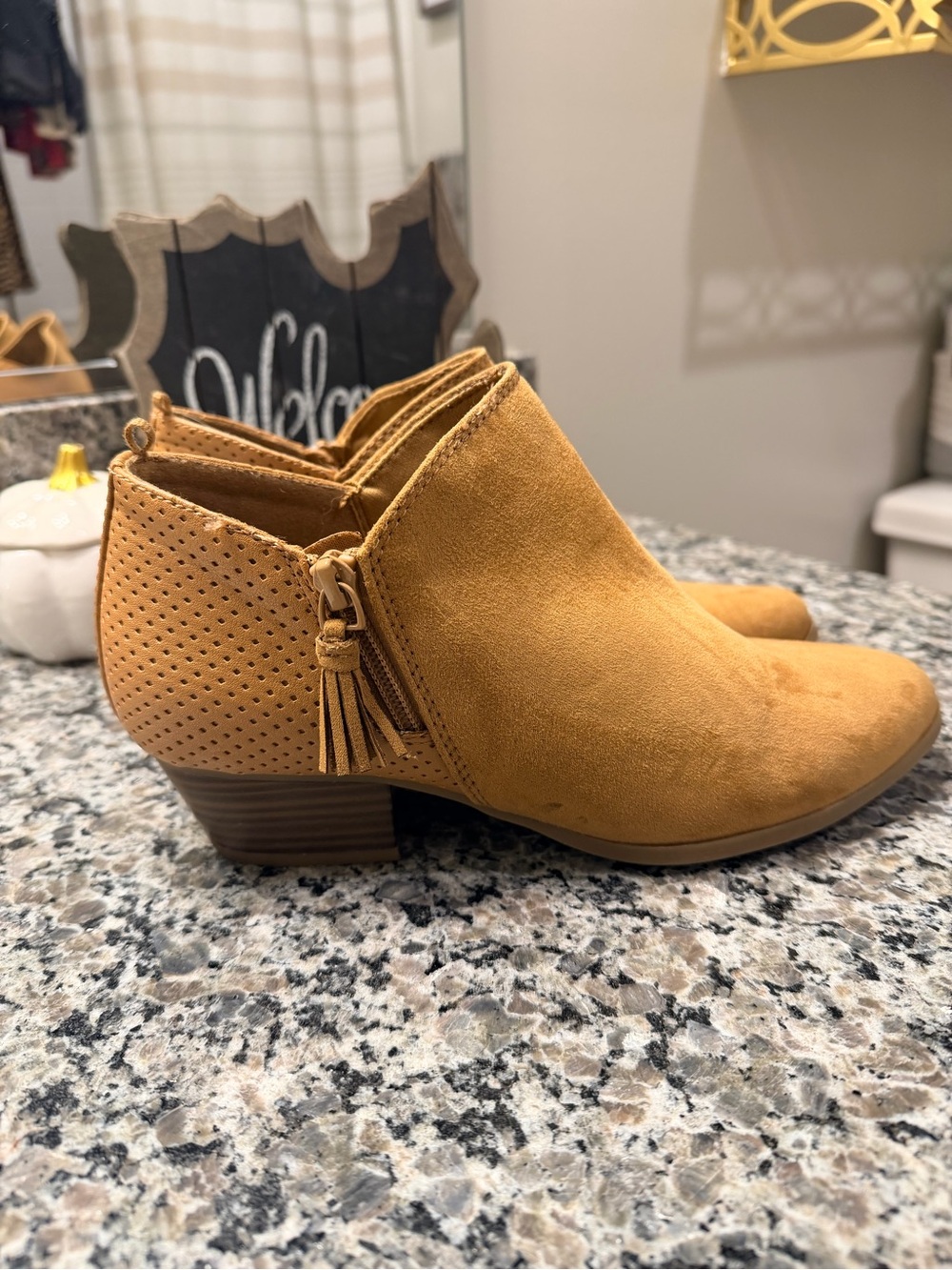 Old Navy Mustard Tan Suede Ankle Booties with Tassel Zip